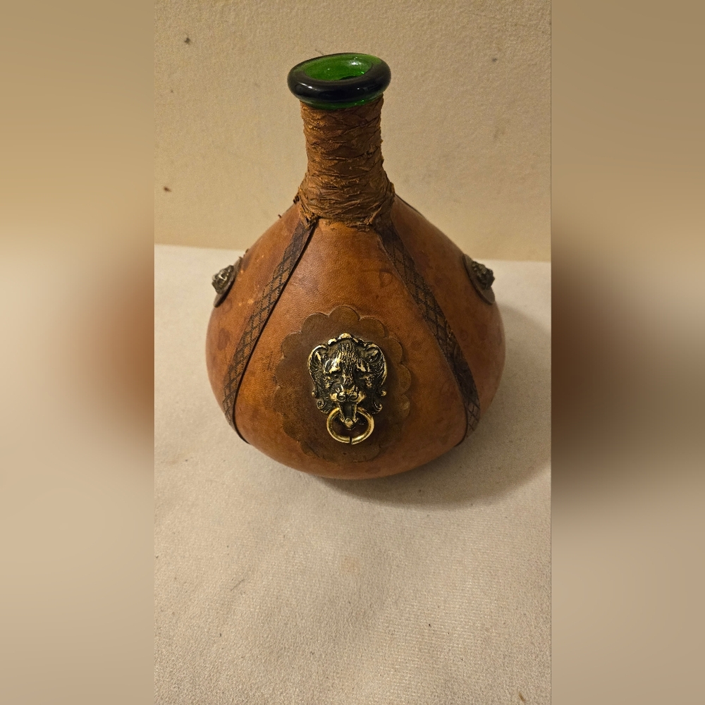 Vintage Green Leather Wrapped Decanter with Lion Face  Made In Italy